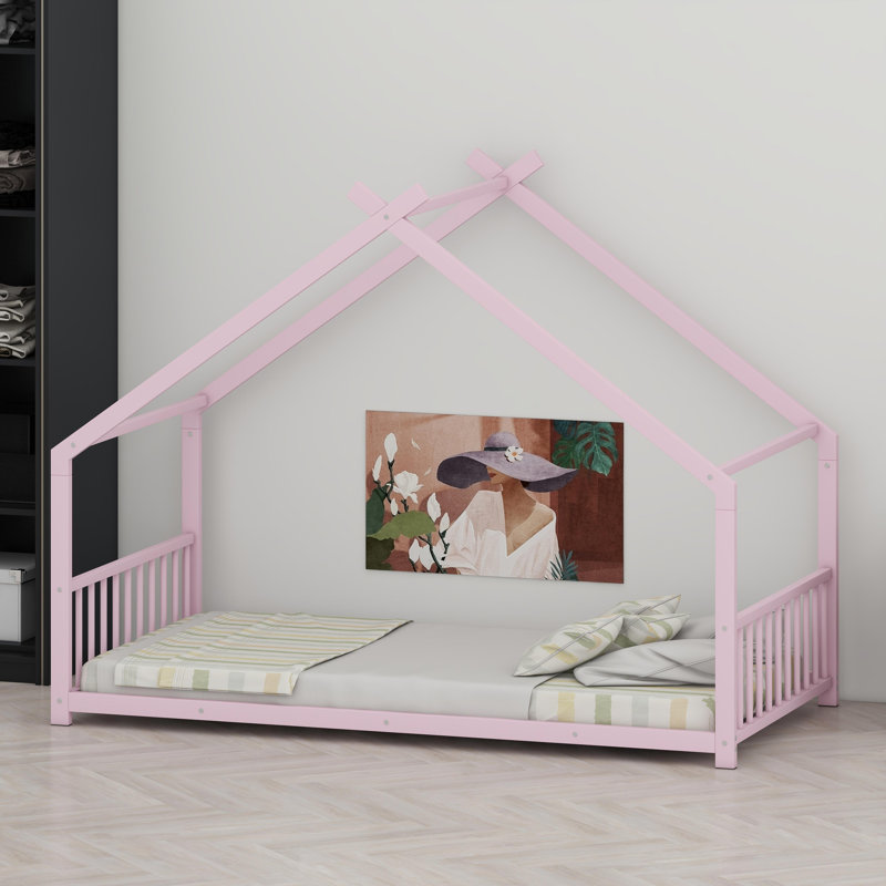 Metal House Bed Frame with Open Concept Design, Pink