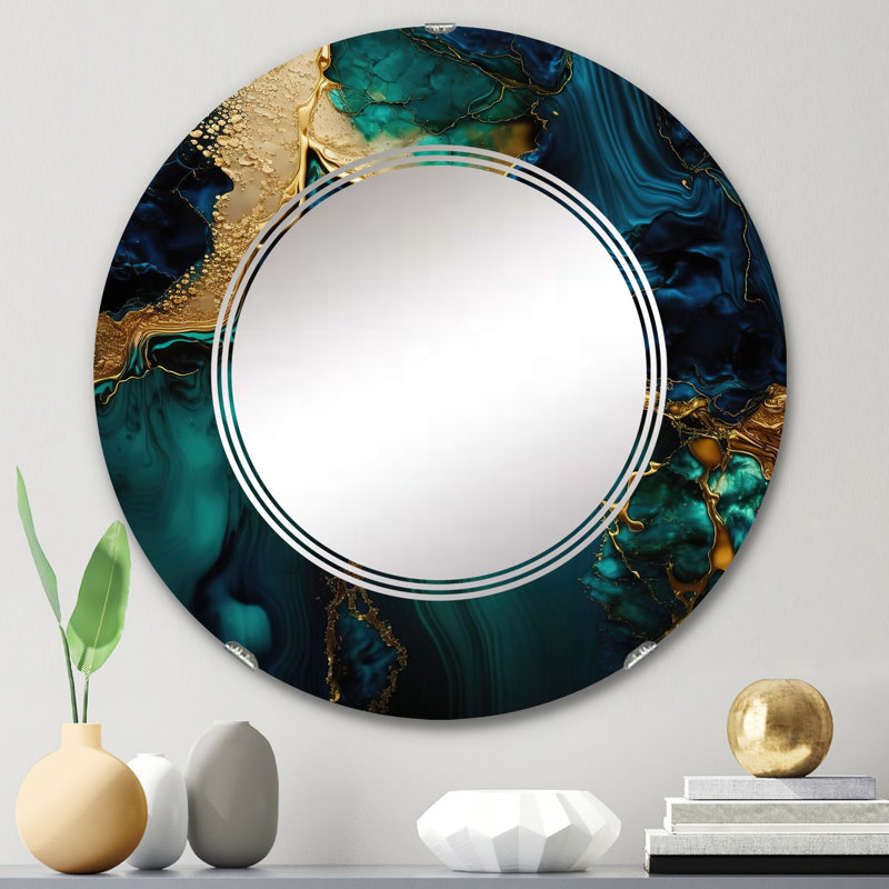 Abstract Geode Marble Green And Gold - Abstract Marble Wall Mirror, 24" x 24"