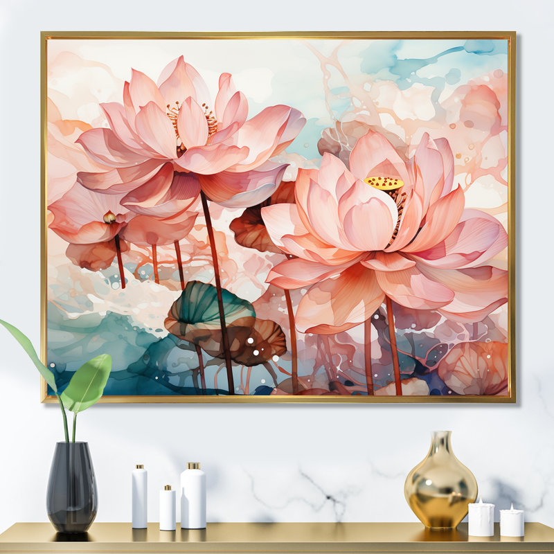 Lotus Pond, encre de Chine rose et verte - Art mural Chine, Cadre flottant doré, H 12 po x l 20 po x P 1 po