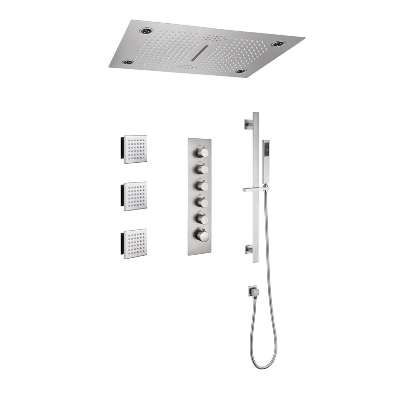 Rodeo 28"Lx16"W Flush Mounted 5-Function Thermostatic Complete Shower System with LED and Bluetooth Music, Brushed Nickel
