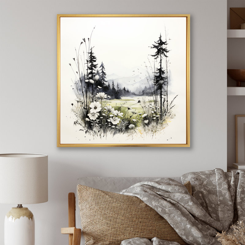 Faune sauvage, fleurs d'hiver sur toile, Cadre flottant doré, H 24 po x l 24 po x P 1 po