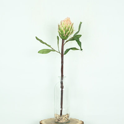 24" Artificial Protea Floral Arrangement In Vase With Faux Water And Stone, Farmhouse Long Stem Branch Greenery Foliage Floral Bulk Bouquet For Wedding Party Home Office Table Centerpiece Shelf Decorations