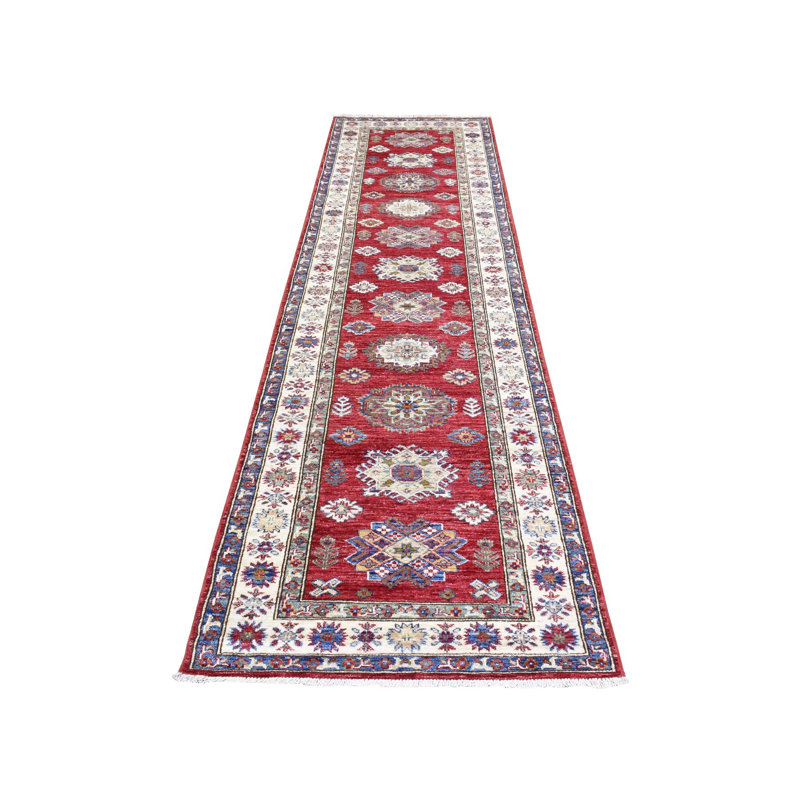 Tapis de couloir à motif de médaillon super Kazak en laine noué à la main rouge 3 pi x 11 pi Super 14 14 14