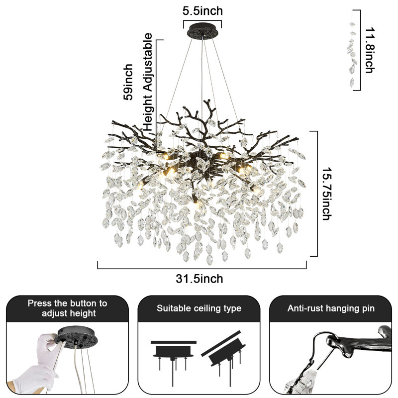 Tree Branch Crystal Chandelier Lighting, Black/White, 15.7" H x 31.5" W x 31.5" D, 10