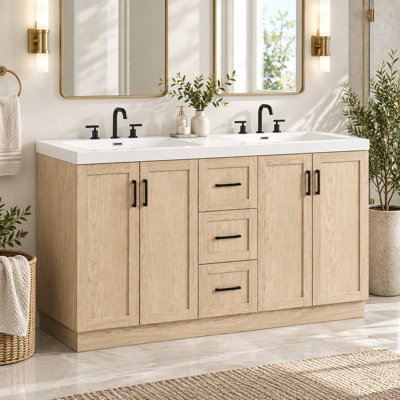 59" Double Bathroom Vanity with Resin Sinks, Soft-Close Doors & 3 Drawers