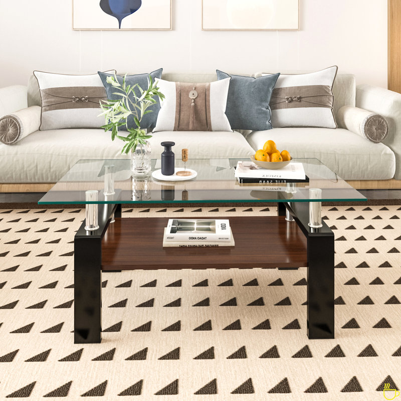 Rectangle Coffee Table, Tempered Glass Tabletop With MDF Layer, Clear Top/Brown Black Base