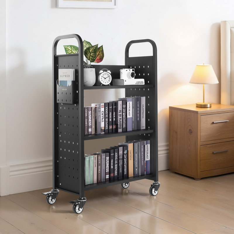 3-Tier Rolling Book Cart Single Sided L-Shaped Shelves Book Truck in Black