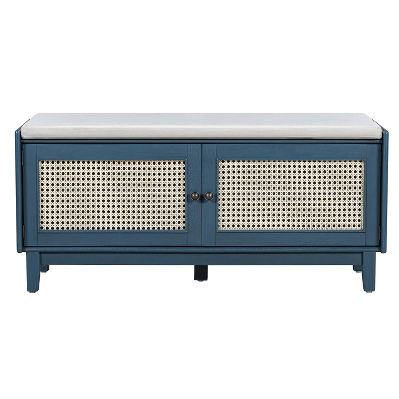 Boho Rattan Entryway Bench With Storage, Cushioned Shoe Bench With Double Doors, Wooden Shoe Organizer Bench For Entryway And Hallway (Antique Navy+Beige )