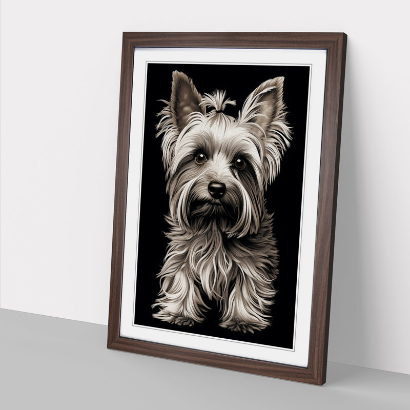 Yorkshire Terrier Line - Single Picture Frame Print on Wood, 46cm H x 34cm W x 2cm D, Walnut