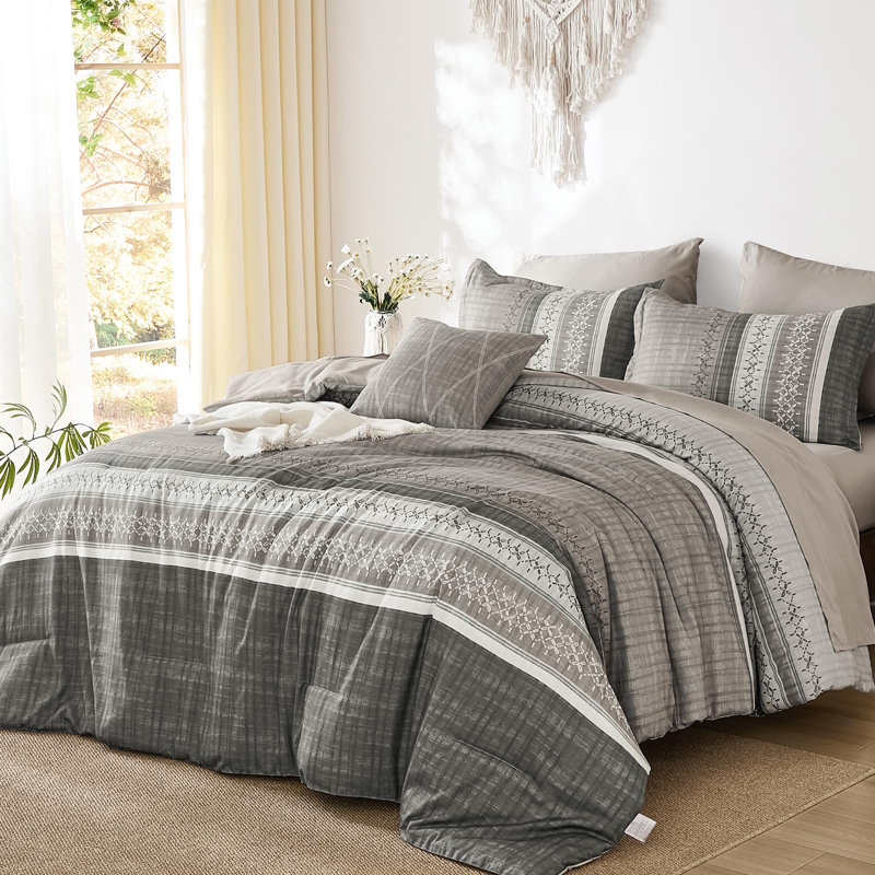 Ensemble de literie 8 pièces Boho, Édredon grand, Gris taupe