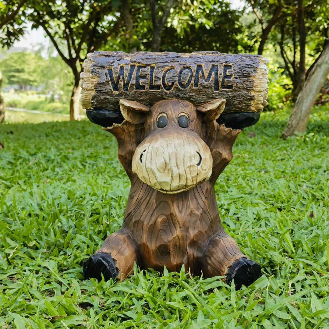 Moose Cub Holding Welcome Sign Garden Decor Hi-Line Gift Ltd.