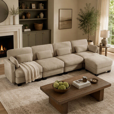 Channel Tufted Modern Minimalist Modular Sectional 4-Seater Sofa with Chenille Upholstery, 4-Seater U-Shape Couch with Movable Ottoman and Thick Seat
