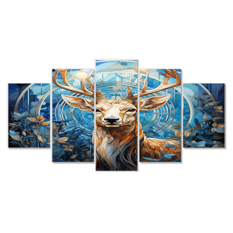 «Magical Deer With Antler In Enchanted Forest I», art mural animal cerf 5 pièces