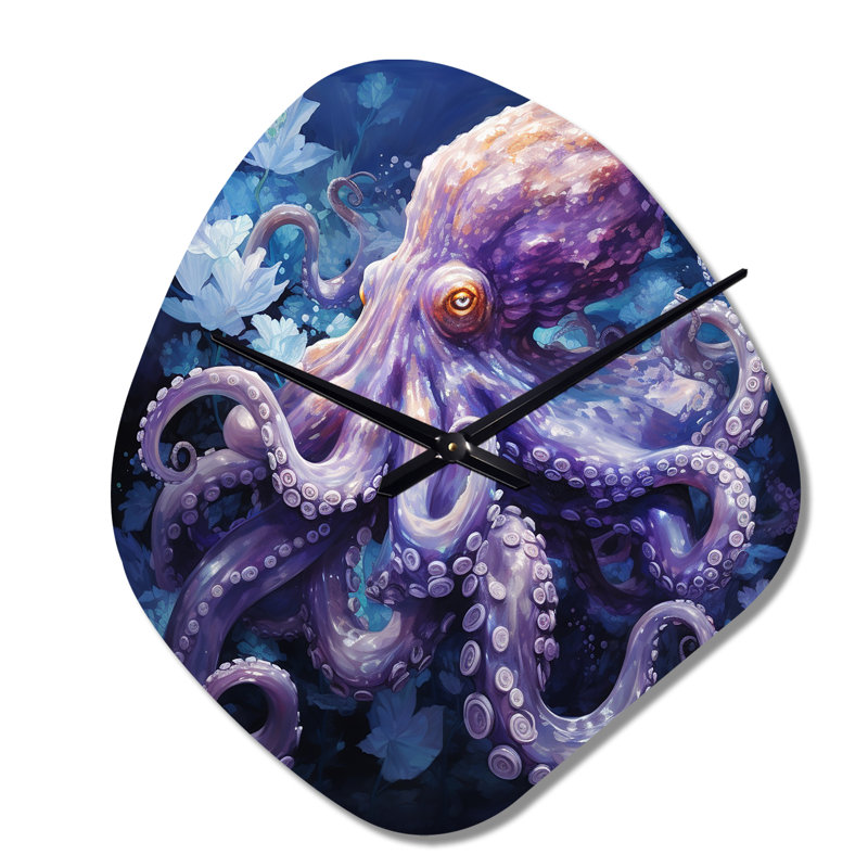 Pieuvre mauve - Lunar Reflections II - horloge murale en métal de forme unique mauve, horloge murale asymétrique moderne