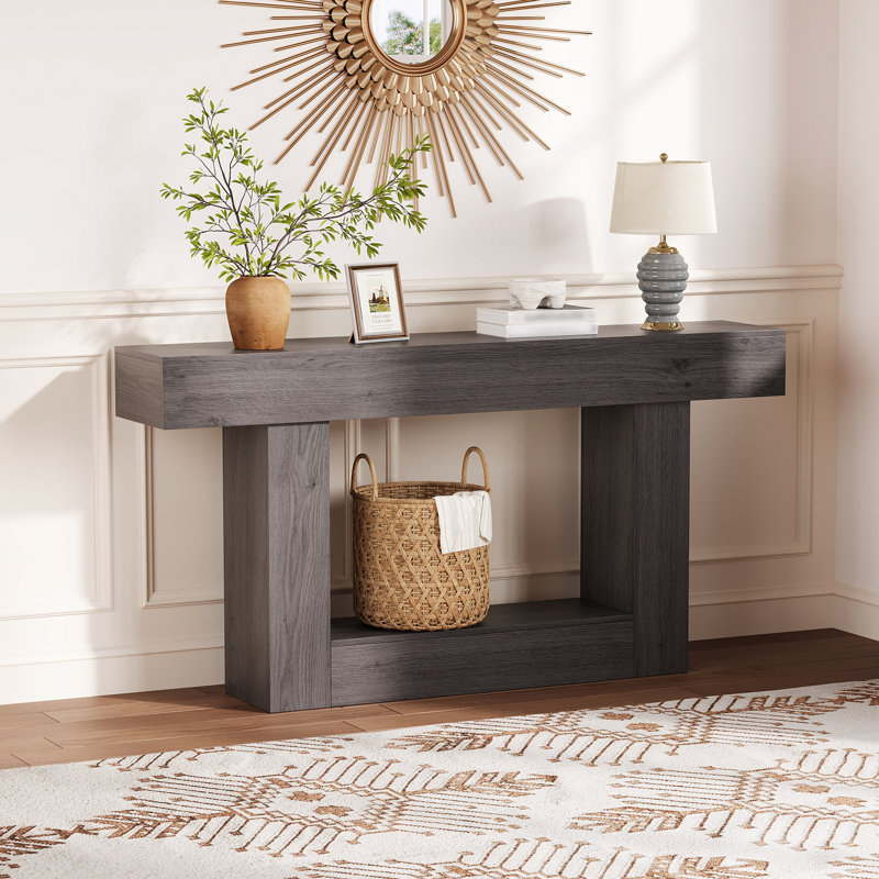 Modern Farmhouse Console Table with Built-in Power Outlet, Wood Sofa Table with Open Storage Compartment, Narrow Entryway Table for Living Room, Hallway