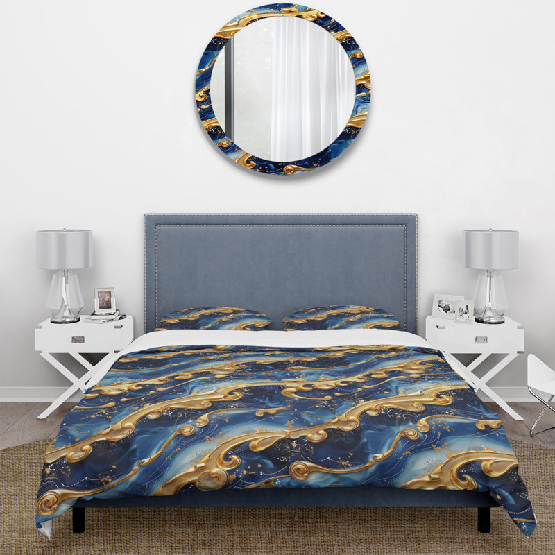 Gold Blue Coastal Wave Details - Coastal Duvet Cover Set, Housse de couette simple + 2 taies décoratives st