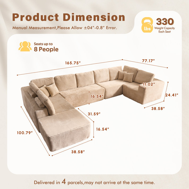 Canapé modulaire en forme de U de 163,39 po sans repose-pieds avec repose-pieds, disposition L / V / U, velours côtelé moelleux