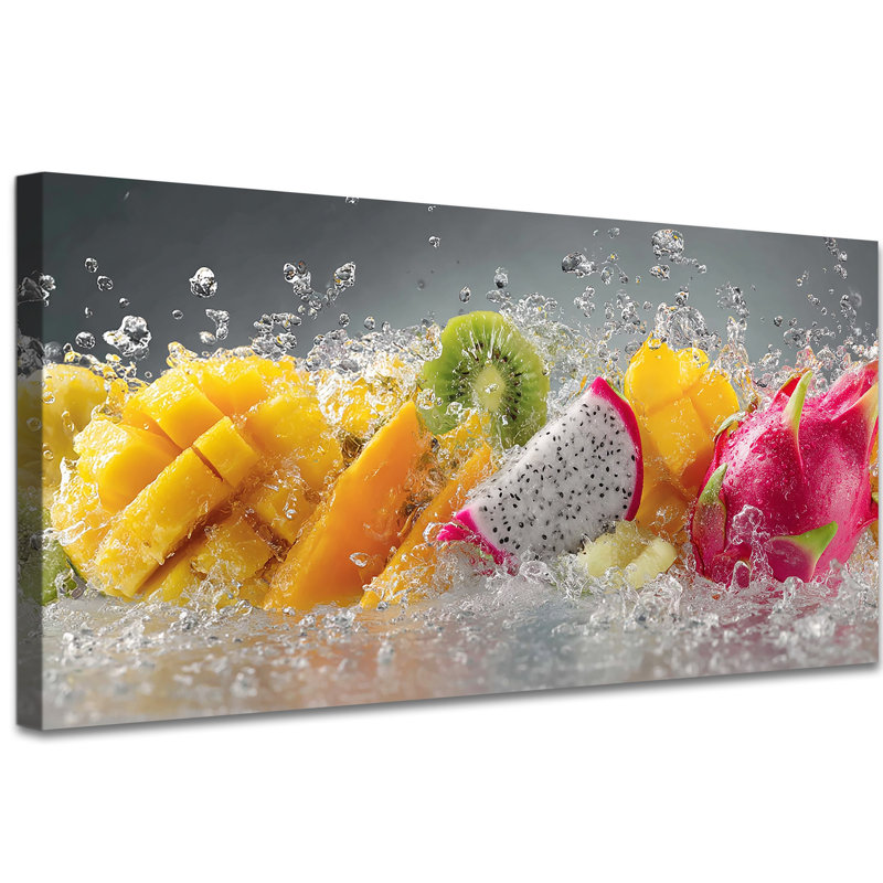 Fruit Duran - reproduction d'art sur toile vibrante, décoration murale pour la salle à manger, œuvre de fruits à éclaboussures dynamiques pour le mur de la cuisine, impression sur toile tendue avec cadre en pin, 16 po x 32 po