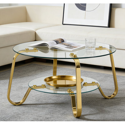 Retro Minimalist Style Metal Frame Double-Layer Tempered Glass Coffee Table, Size 31.5 * 31.5 * 17.7 Inches, Gold