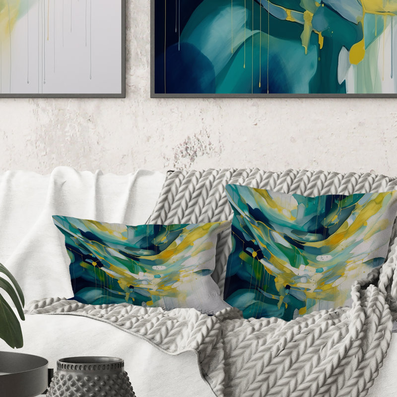 Coussin décoratif jaune et turquoise à motif complexe I - formes abstraites