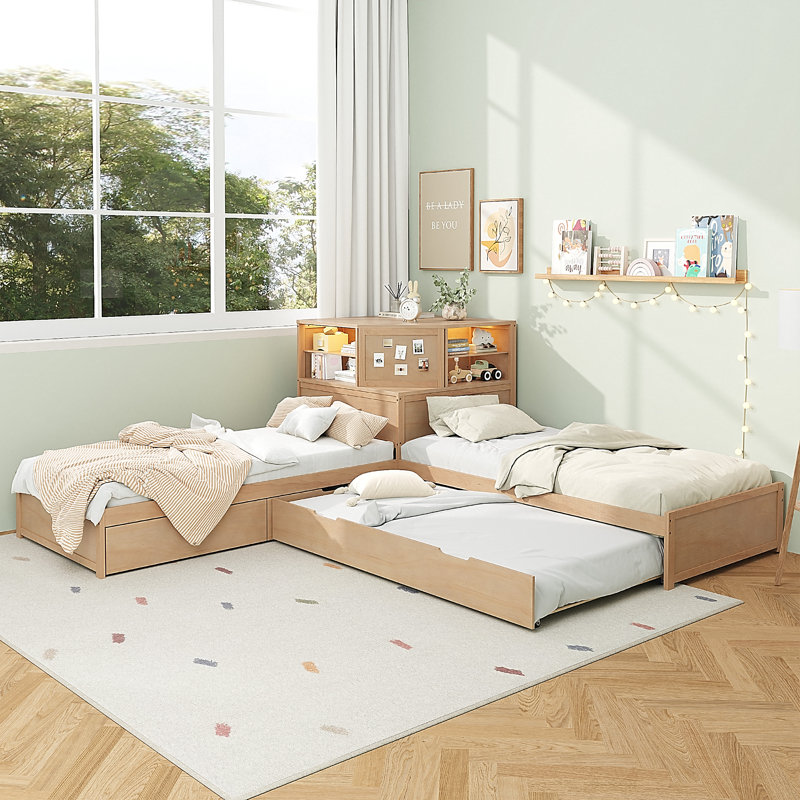 L-Shaped Combination Twin Bed With Trundle And Drawer,3-In-1 Low Corner Platform Bed Linked With Built-In Desk And Led Downlight