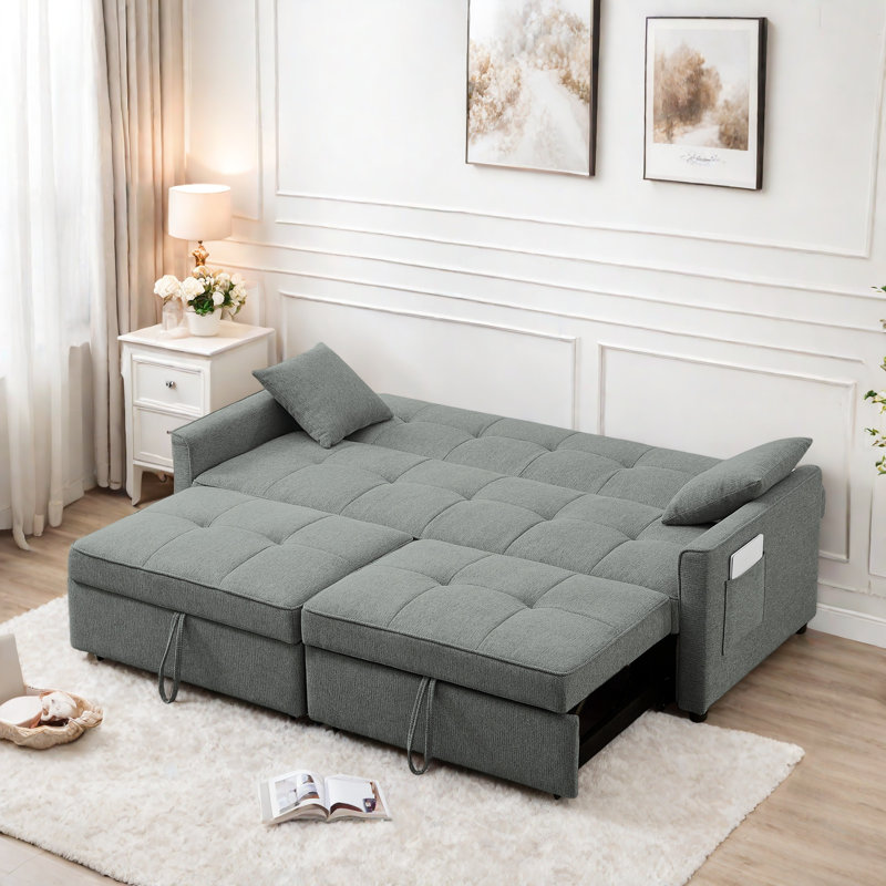 3 In 1 Convertible Sleeper Sofa Bed With Reclining Backrest, Pillows And Side Pockets, Gray
