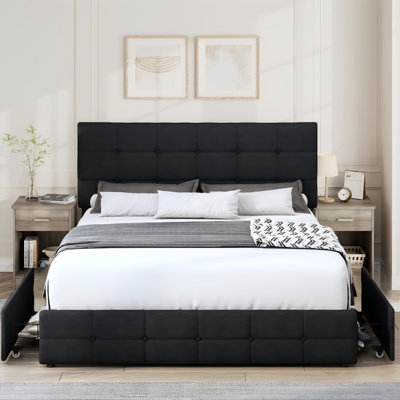 Ensemble de chambre à coucher 3 pièces, lit plateforme avec rangement à 4 tiroirs, 2 tables de chevet