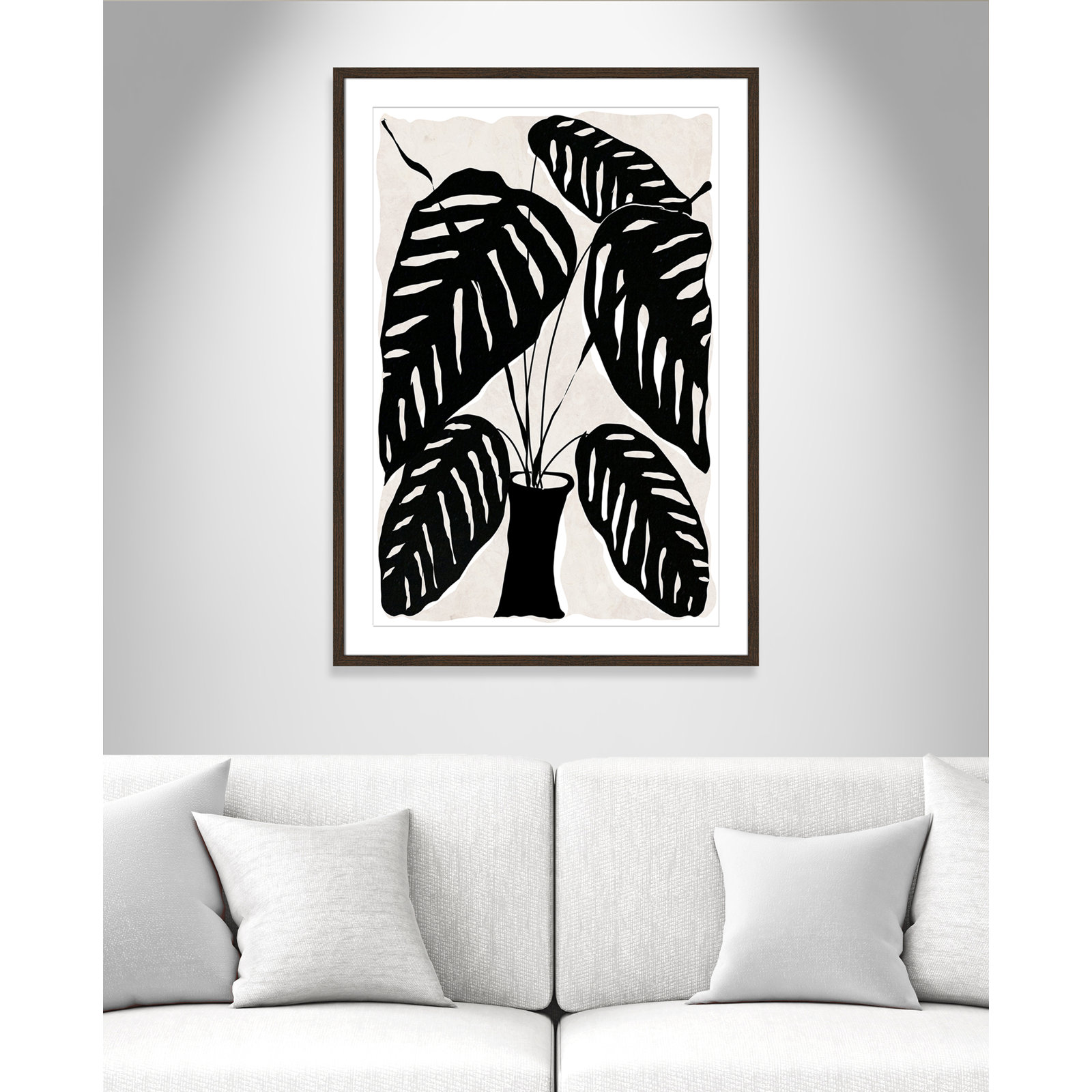 Black and White Potted Plant I Print, 41.5" H x 29.5" W x 0.75" D, Walnut Framed