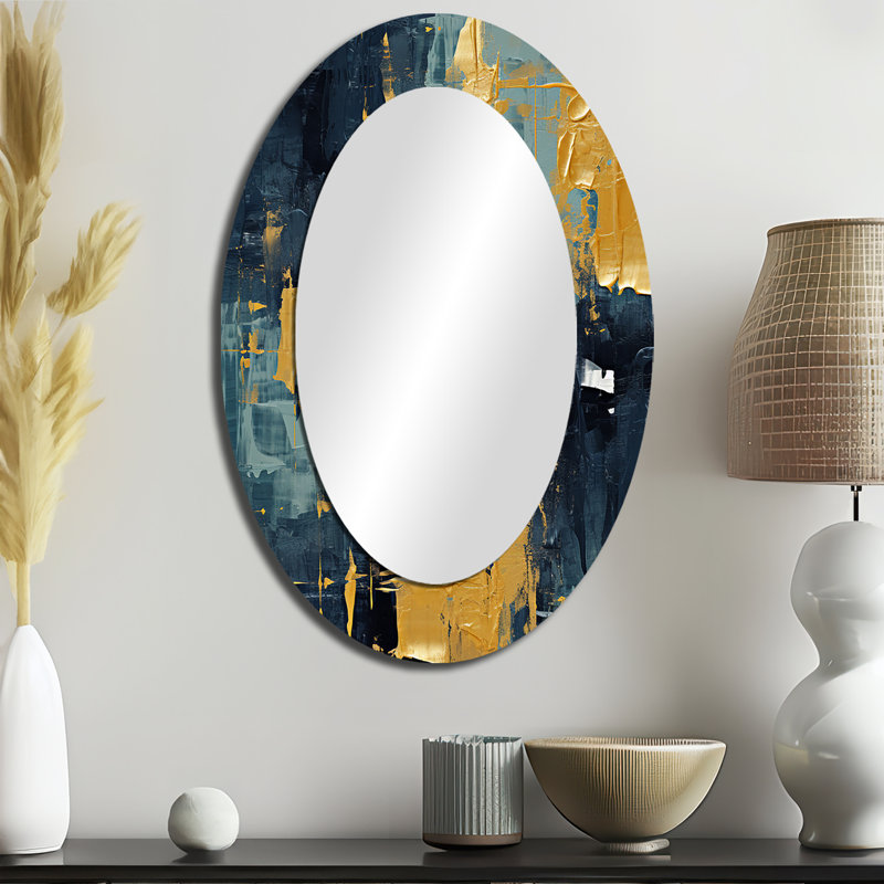 «Abstraction on Retro Blue II» - Grand miroir mural ovale en métal, 36 po x 24 po