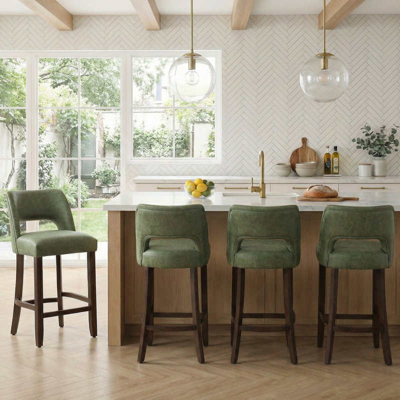 Faux Leather Upholstered Counter Height Bar Stool With Solid Wood Legs Set Of 4, 4, Green