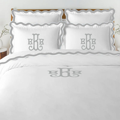 Monogram 400TC Applique Scalloped Embroidery Cotton Duvet Cover Set