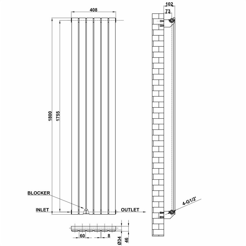 Flat Panel Central Heating Designer Radiator, 180cm H x 40.8cm W x 4.6cm D, Anthracite
