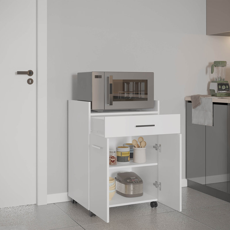 Chariot de cuisine Glover avec roulettes, tablettes ouvertes, tiroir et armoire de rangement, îlot de cuisine mobile, blanc