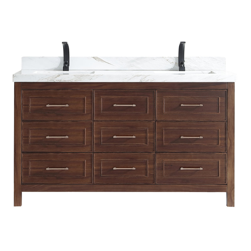 60" EBONY DOUBLE SINK VANITY DARK FINISH WITH WK-60D TOP 2" THICK WHITE NATURAL TOP, Brown, White