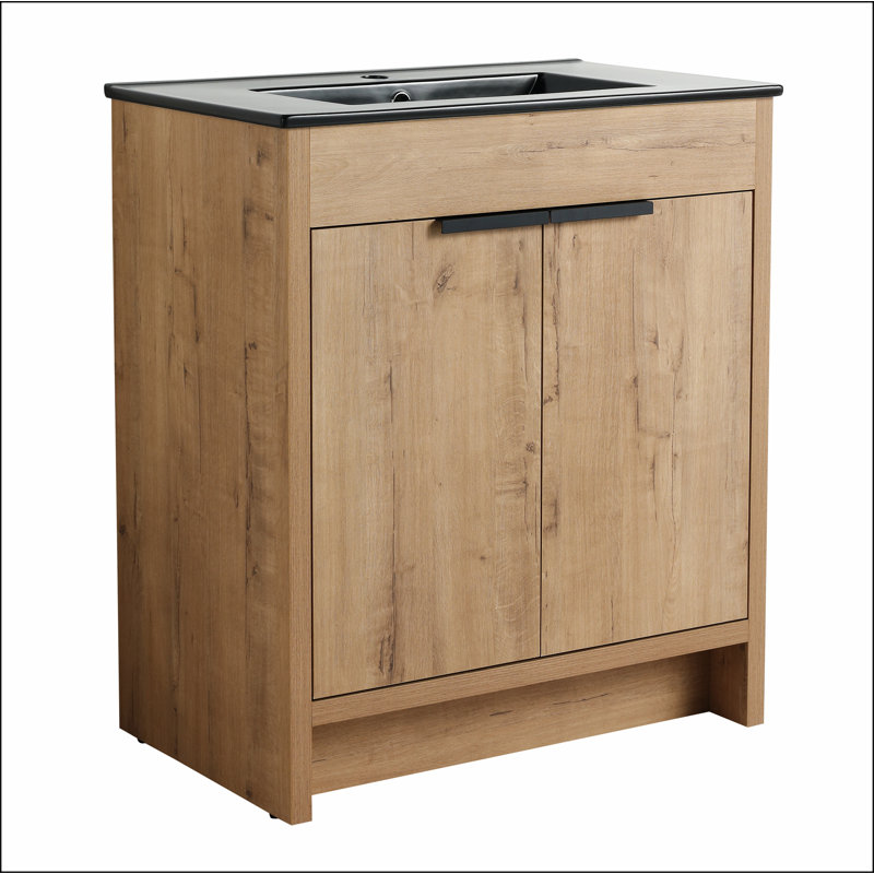 Armoire de salle de bain autoportante avec lavabo et 2 portes d'armoire à fermeture en douceur