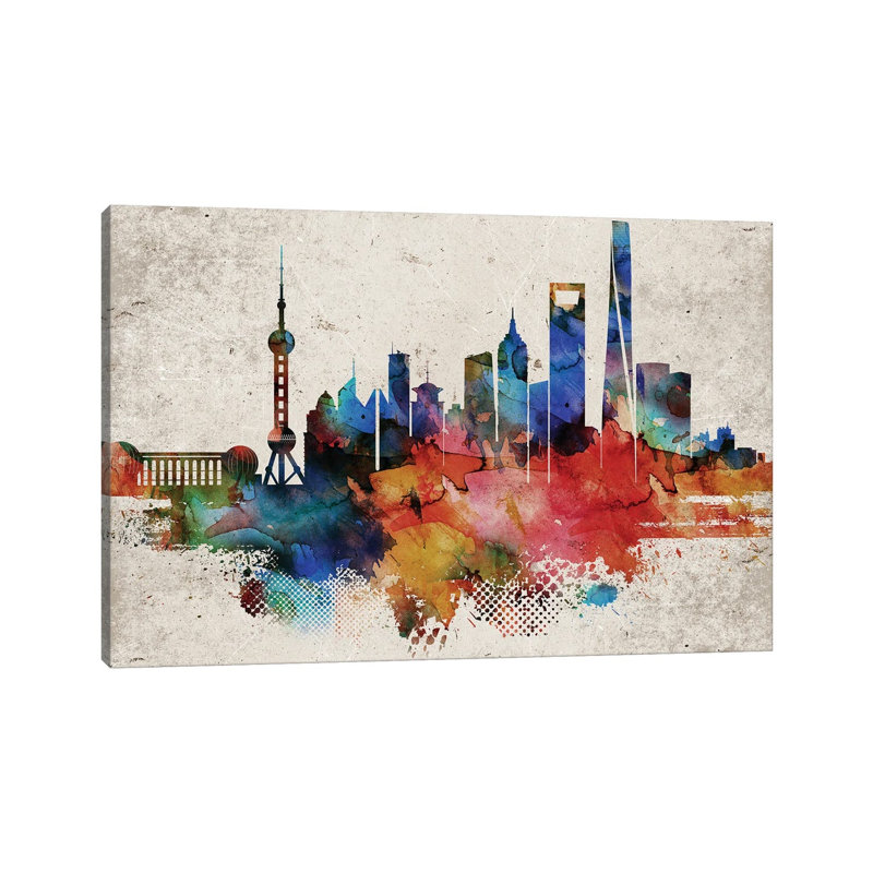 Shanghai Abstract Skyline by WallDecorAddict - Wrapped Canvas Print, 20.32cm H x 30.48cm W x 1.91cm D