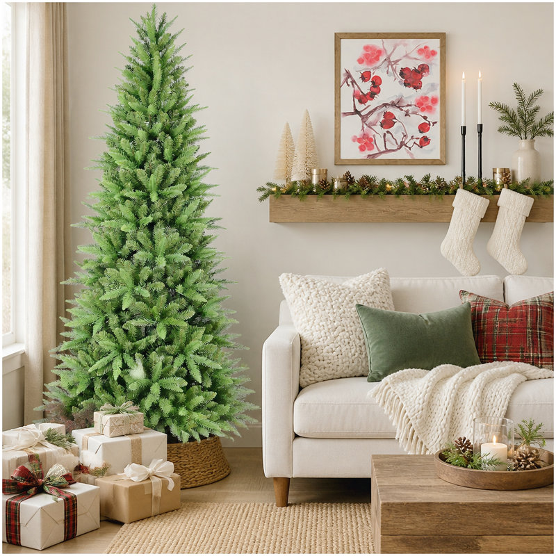 6FT Slim Christmas Tree – 850 Tips, PE+PVC Branches, Hinged Design for Easy Setup, Stable Metal Stand – Ideal for Corners & Small Spaces