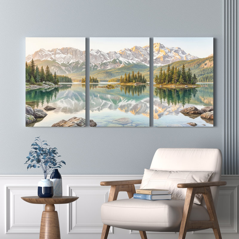 Ensemble de 3 tableaux sur toile représentant un paysage de lac de montagne, 2436