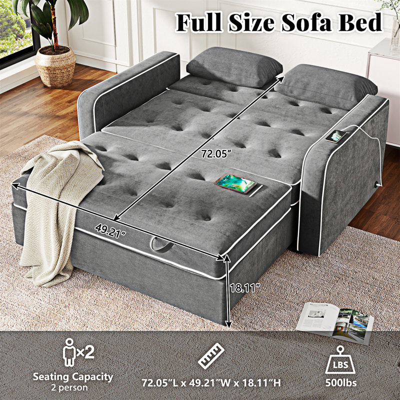 Upholstered Pull Out Sofa Bed With Throw Pillows, USB Charging Port And Adjustable Backrest, Charcoal Gray