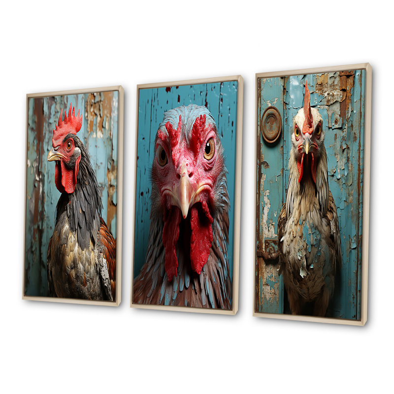 Farmhouse Barn Rooster Portrait I - Ensemble de 3 décorations murales poulet, Cadre flottant brun, H 40 po x l 60 po