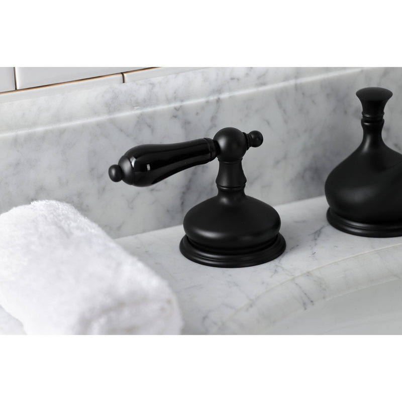 Kingston Brass Duchess Two-Handle 3-Hole Deck Mount Widespread Bathroom Faucet with Brass Pop-Up Drain, Matte Black