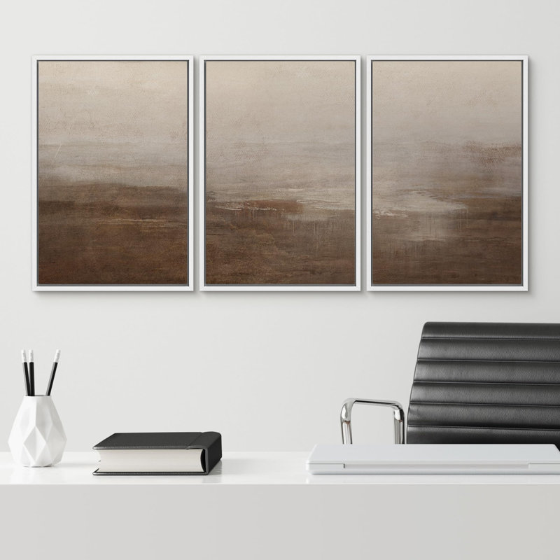 "Abstrait brumeux, paysage moderne, minimaliste, beige et brun, nature sauvage" - 3 pièces, Blanc, H 36 po x l 24 po