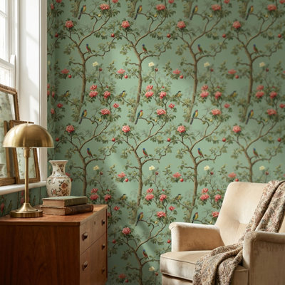 Papier peint floral avec oiseaux