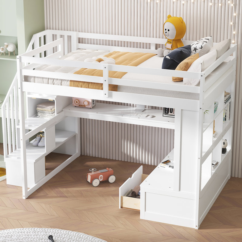 Lit mezzanine blanc avec bureau, tablettes, deux tiroirs et escalier de rangement polyvalent pleine grandeur