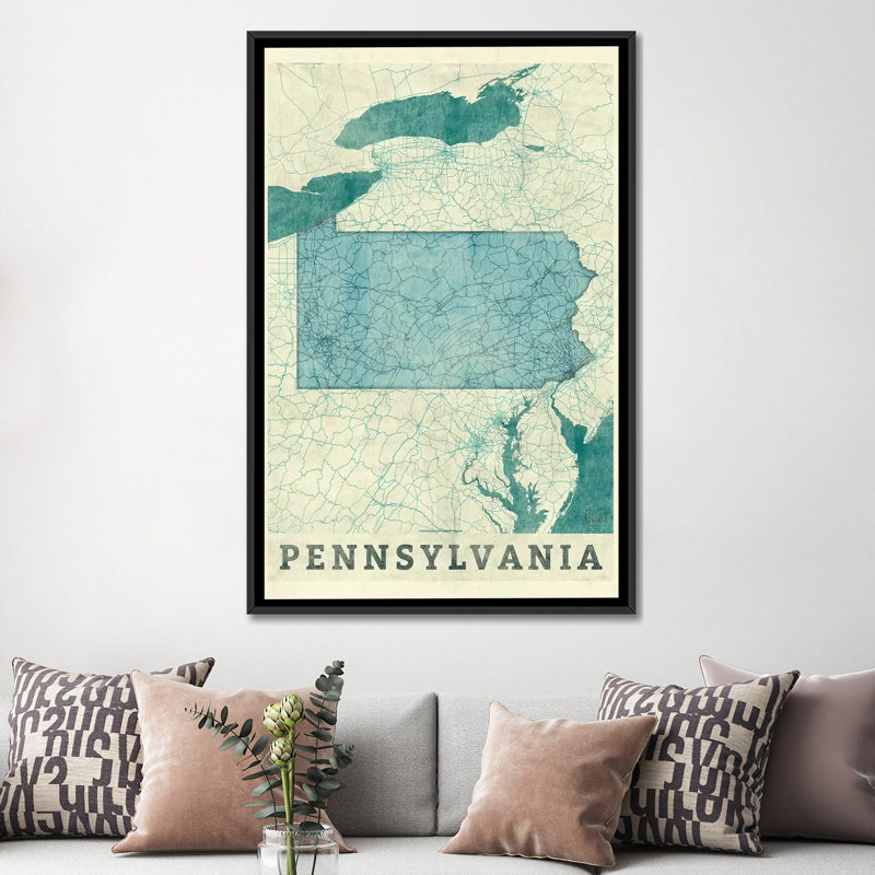 «Pennsylvania Map», reproduction d'impression sur toile, H 26 po x l 18 po x P 1,5 po, Toile avec cadre noir, Pas de tapis