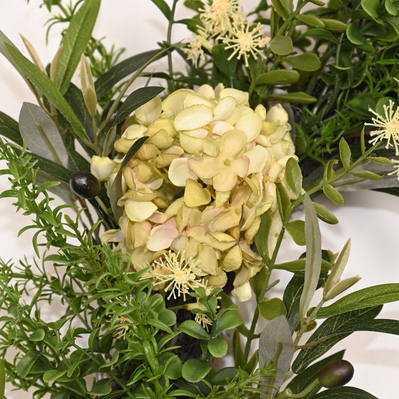 Ornement floral en forme de larme 24 po avec retentissement floral et feuilles en forme d'hortensia pour porte d'entrée 24 po