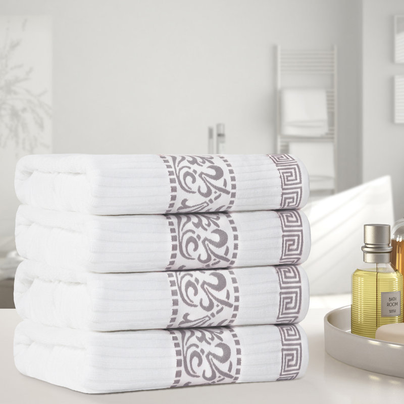 Mikira Athens Cotton Medium Weight Floral Border Greek Key Trim Bath Towel (Set of 4), White/Chocolate