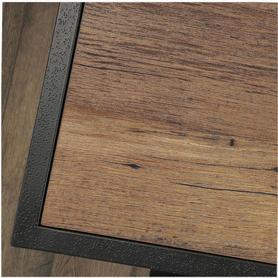 Bureau industriel en forme de L avec 2 tiroirs et tablettes, finition brune