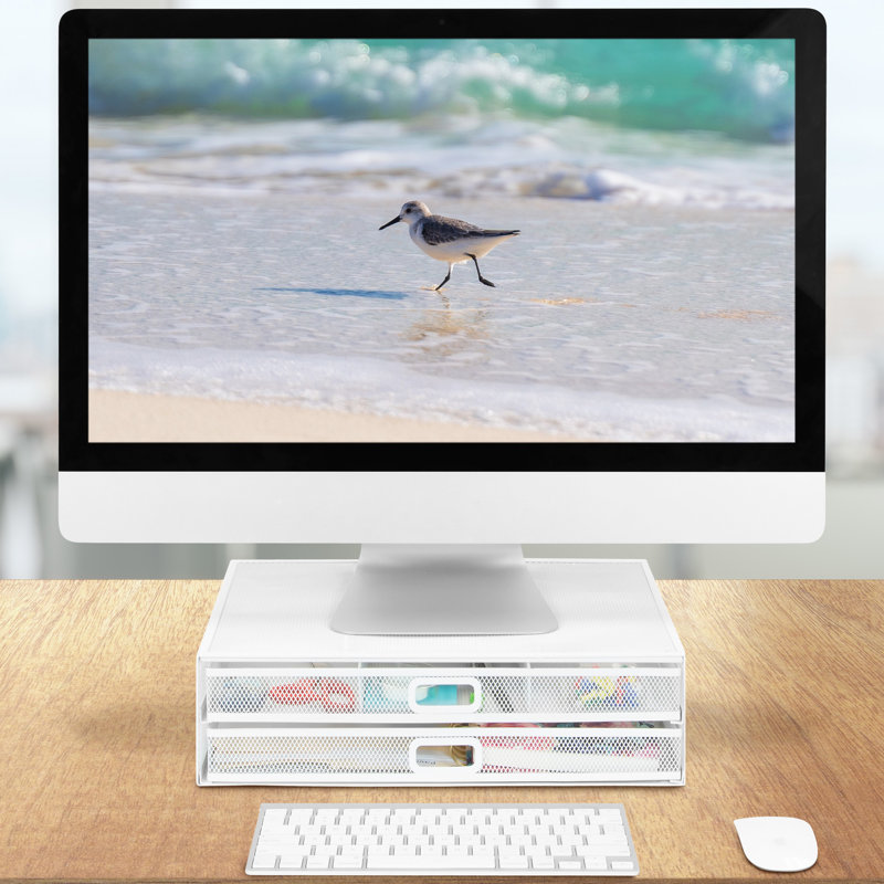 White Metal Mesh Desktop Monitor Stand with Two Drawers