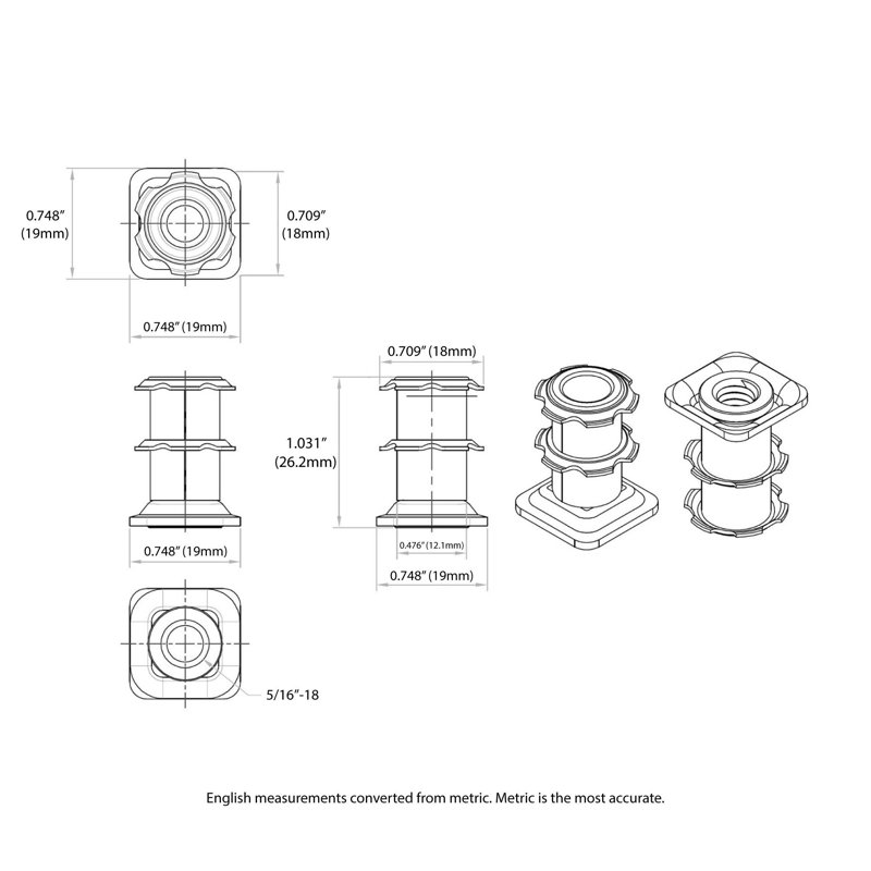 Insert de roulette à filetage étoile double Outwater Industries | Acier traité à la chaleur | Convient aux tubes carrés de 3/4 po de calibre 16 à 18 | FILETAGE: 5 / 16-18 | Paquet de 100